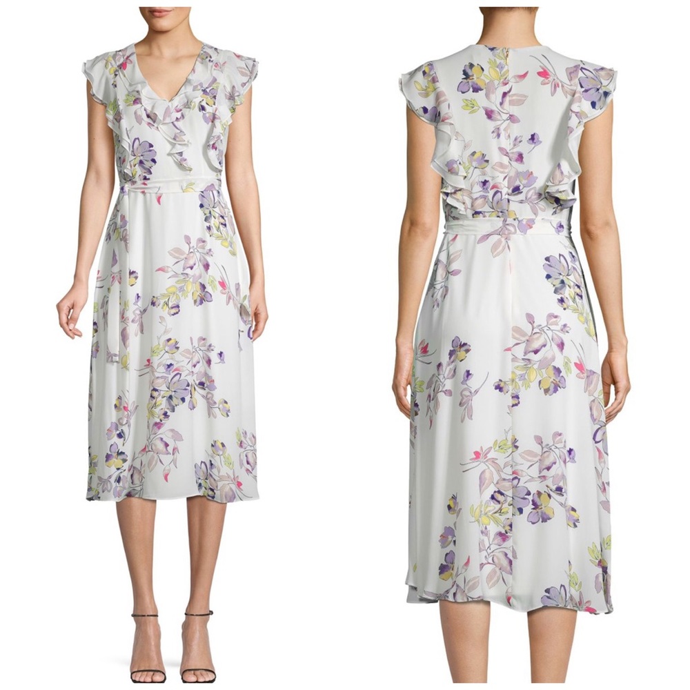 Donna Karan Floral Print Ruffle Midi Dress